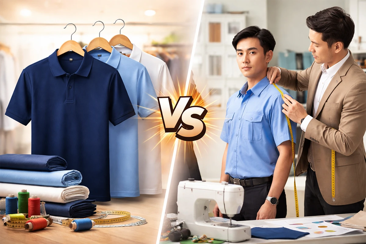 การเปรียบเทียบระหว่างเสื้อยูนิฟอร์มสำเร็จรูปวางเรียงกันกับขั้นตอนการวัดตัวตัดเสื้อยูนิฟอร์มพนักงาน