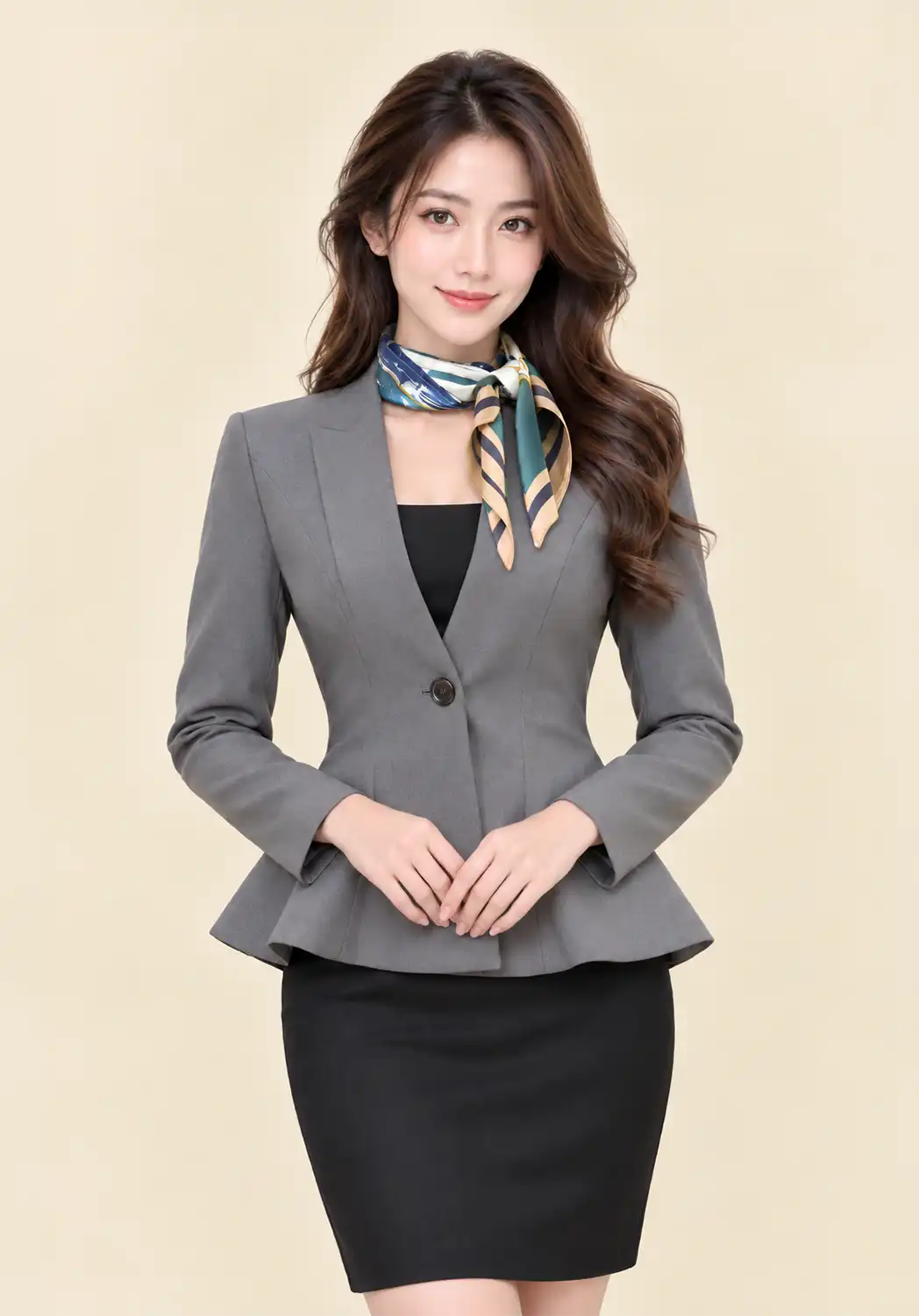 ชุดยูนิฟอร์มพนักงานโรงพยาบาล Masterpiece Hospital สูทสีเทาพร้อมผ้าพันคอ ผลิตโดย VS Uniform Group