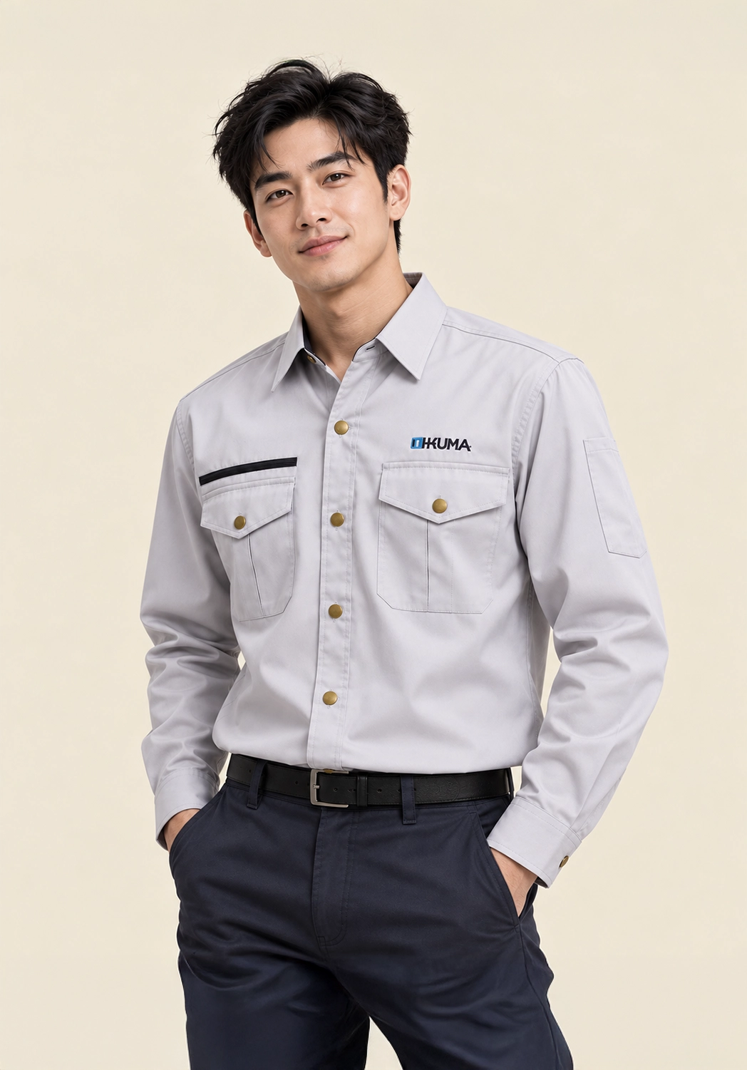 ชุดยูนิฟอร์มพนักงานช่าง เสื้อเชิ้ตโรงงานสีเทา Ohkuma ind. ผลิตโดย VS Uniform Group